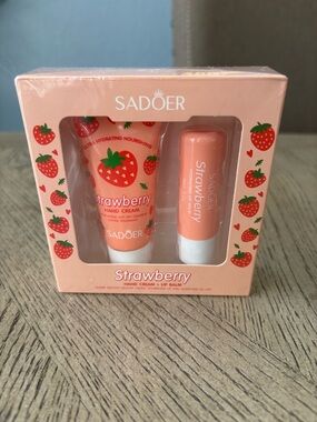 SADOER Strawberry Hand Cream & Lip Balm Set 🍓 Hydrating Gift Set NIB
